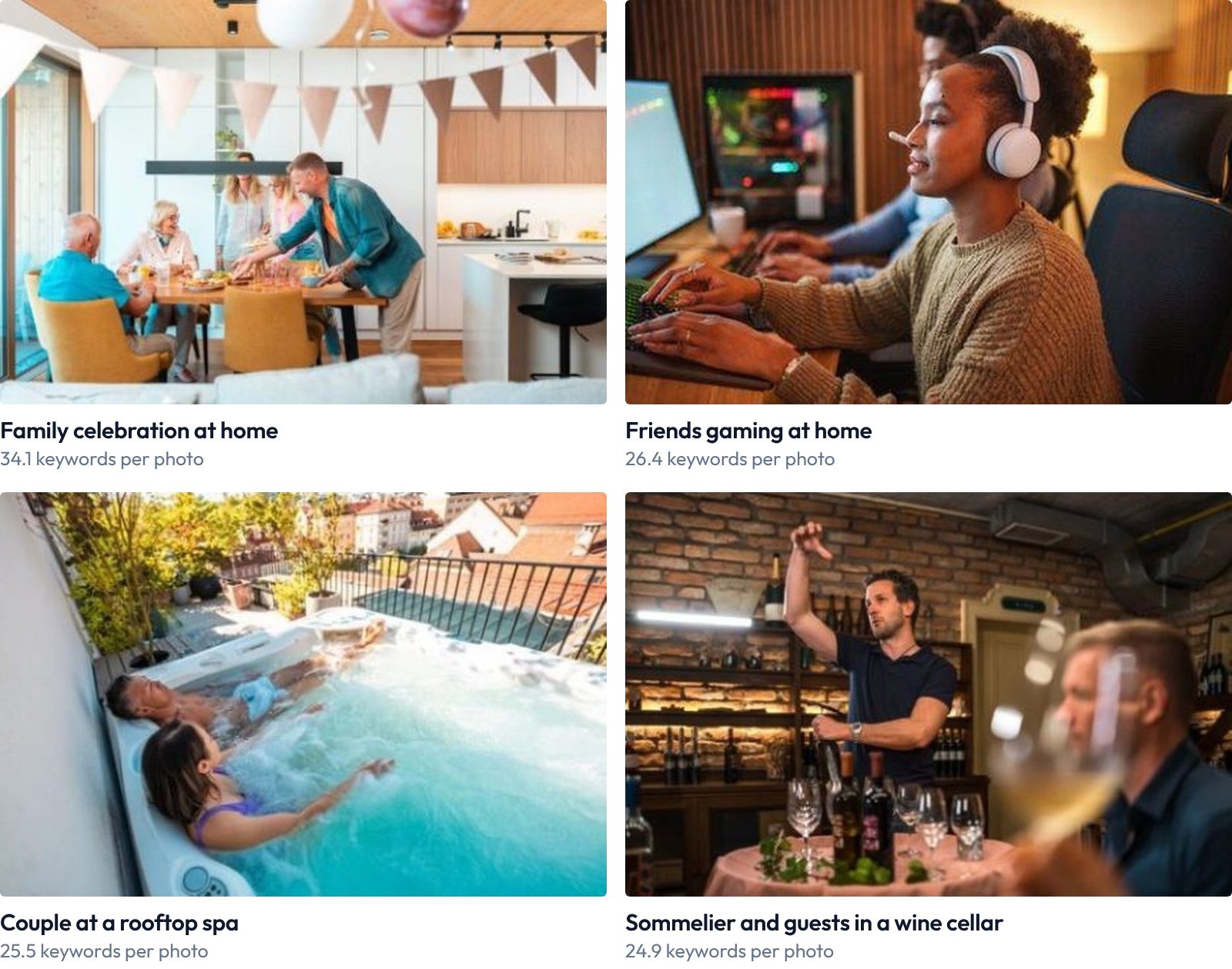 One photo from each of four shoots: a family celebration at home, friends gaming at home, a couple at a rooftop spa, a sommelier and guests in a wine cellar, each with its average number of keywords per photo