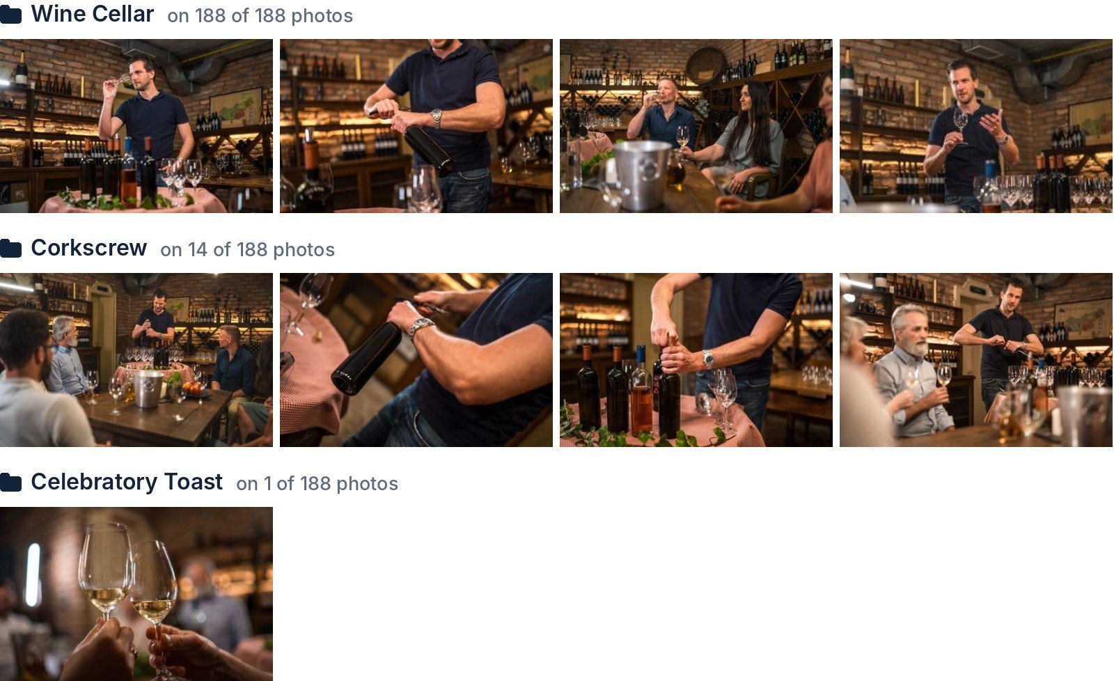 Photos from the wine cellar shoot grouped by keyword: Wine Cellar on all 188 photos, Corkscrew on 14, Celebratory Toast on 1