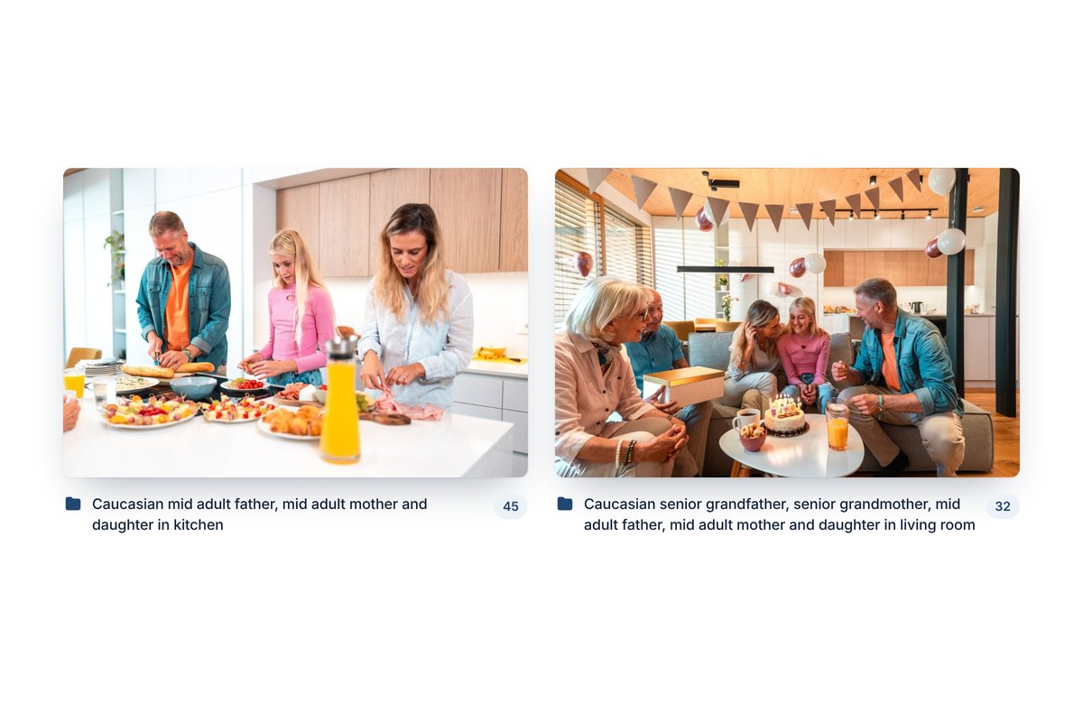 Two photos from the same family shoot, filed in different folders: parents and daughter in the kitchen, and the whole family with the grandparents in the living room