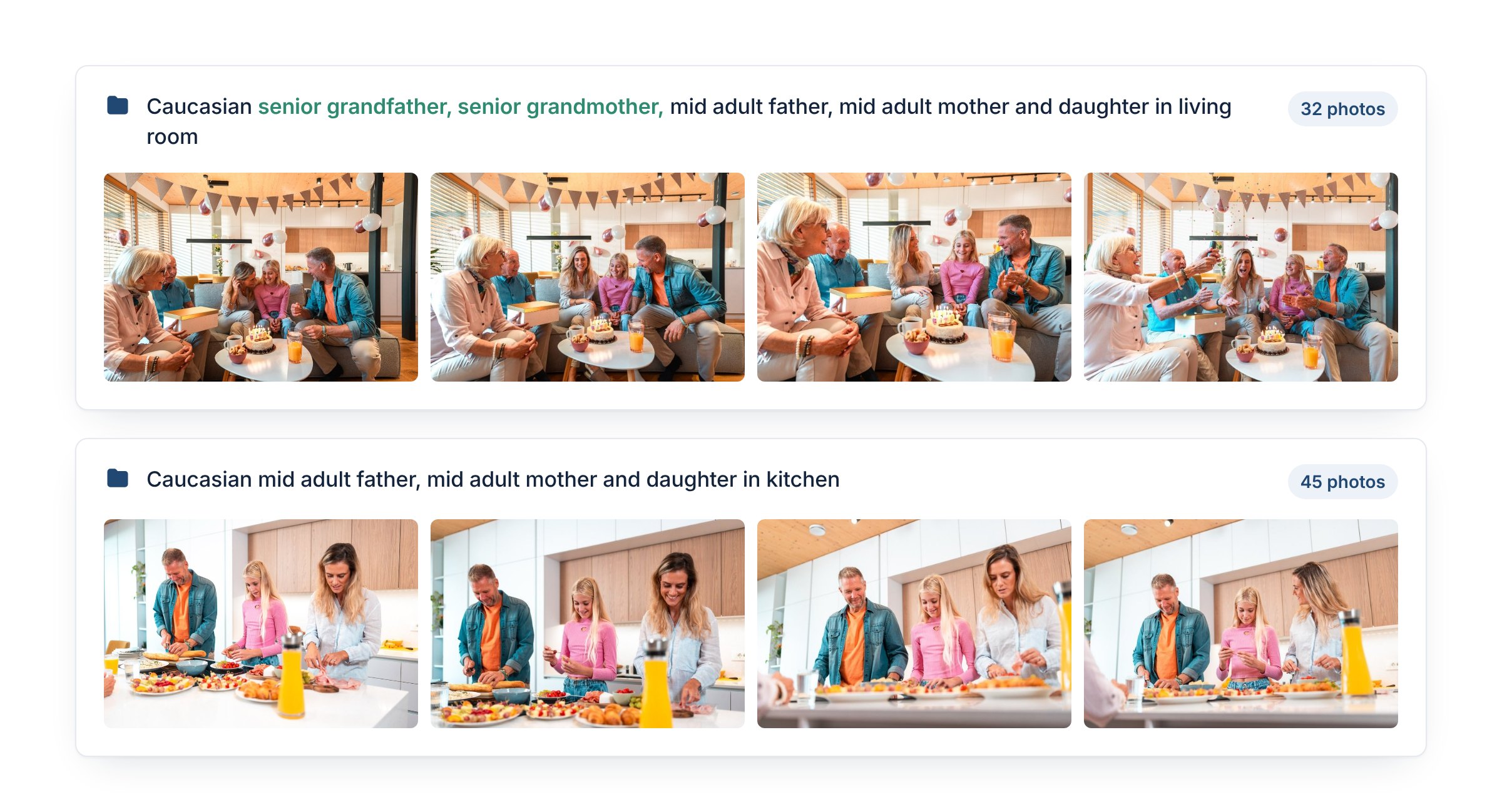 Two folders from the same shoot, each with its real name, its photo count and four of its photos: grandparents, parents and daughter in the living room, and parents and daughter in the kitchen