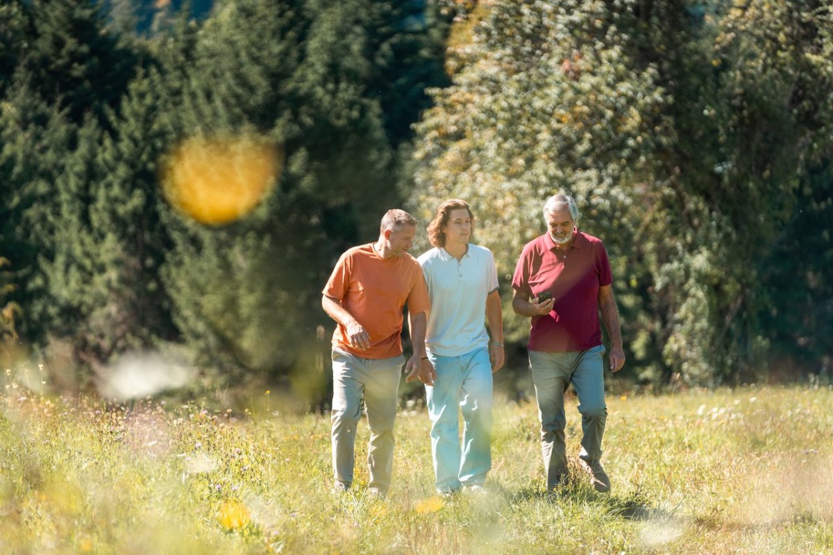 Three generations of men walking through a sunny meadow