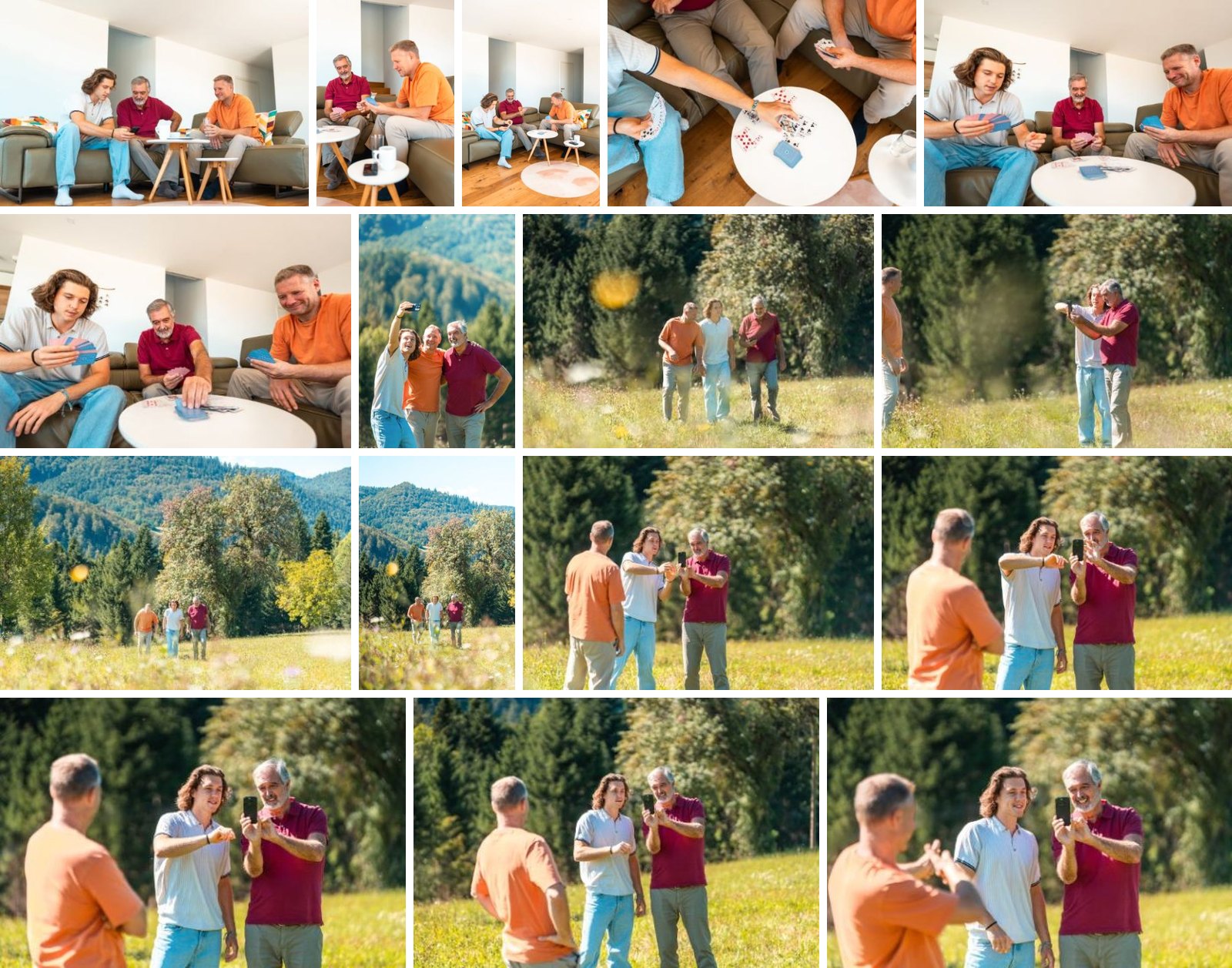 All sixteen photos of one shoot: three generations of men playing cards on a sofa at home, then walking through a meadow and looking at a smartphone in the mountains