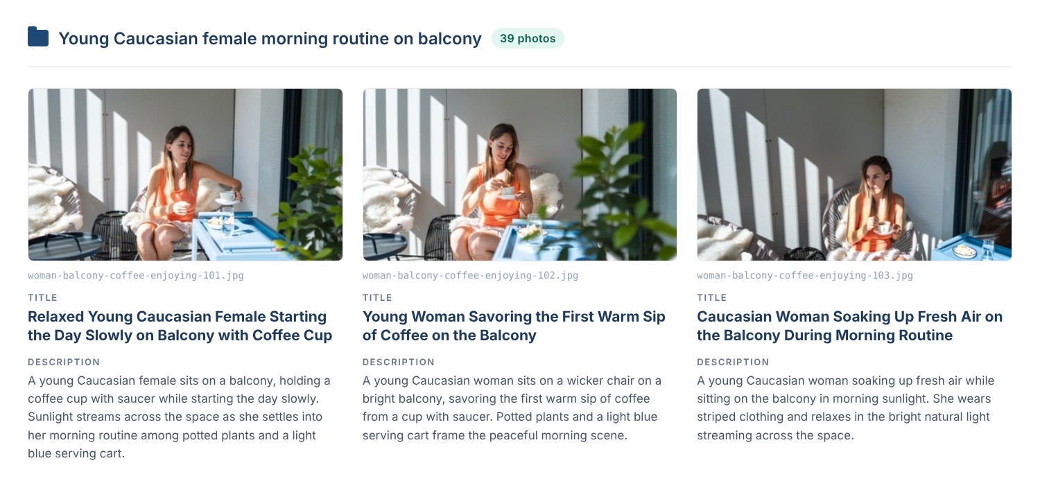 The folder “Young Caucasian female morning routine on balcony” with 39 photos: three frames, each with its own title and description