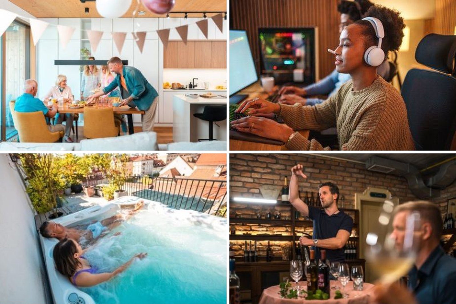 Four stock shoots: a family celebration at home, friends gaming, a couple in a rooftop hot tub and a wine tasting in a cellar